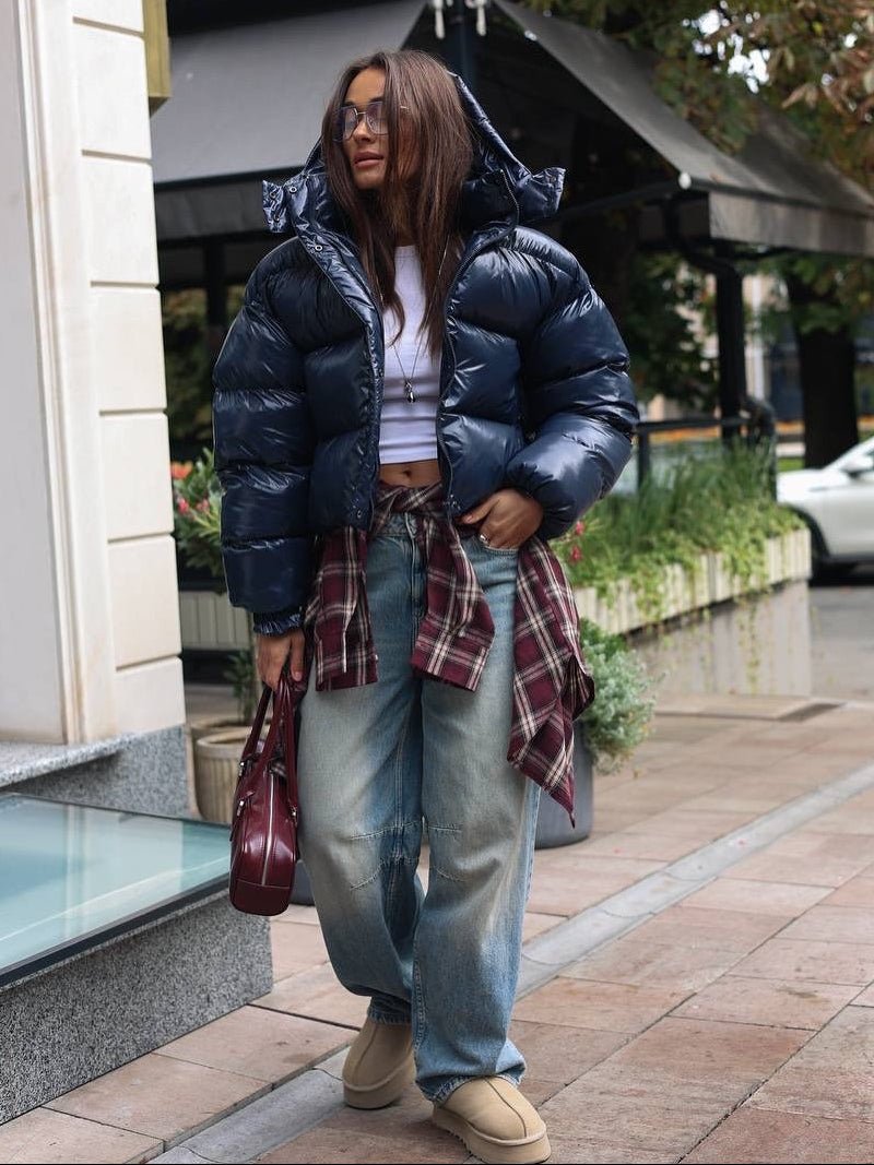 Mette Glossy Hooded Puffer Jacket in navy – styled look