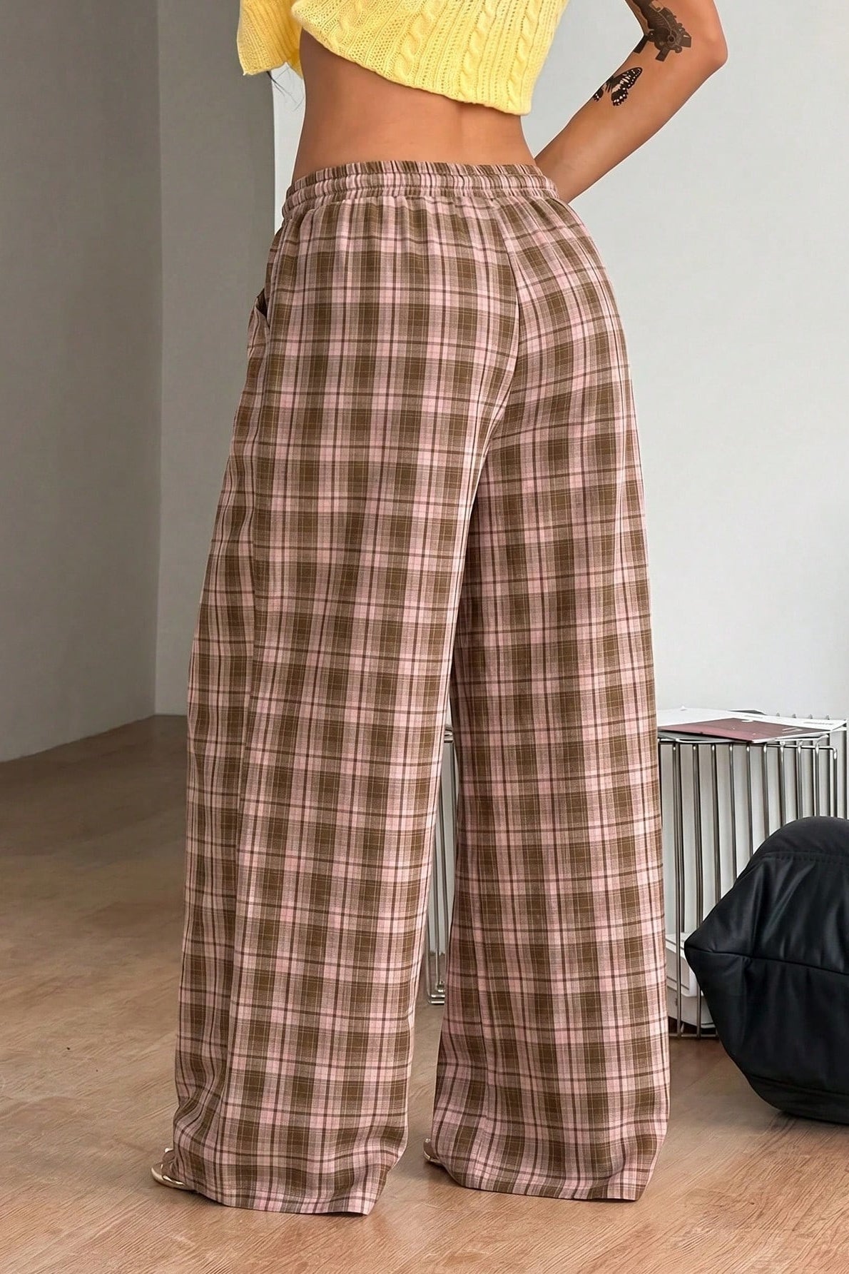 Saga Plaid Drawstring Wide-Leg Pants in brown plaid – styled look