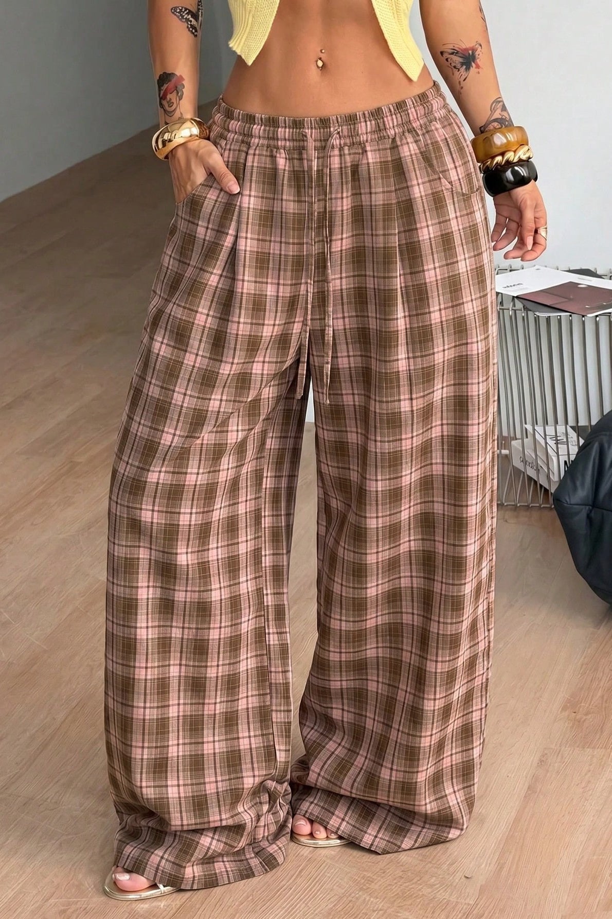 Saga Plaid Drawstring Wide-Leg Pants in brown plaid – styled look
