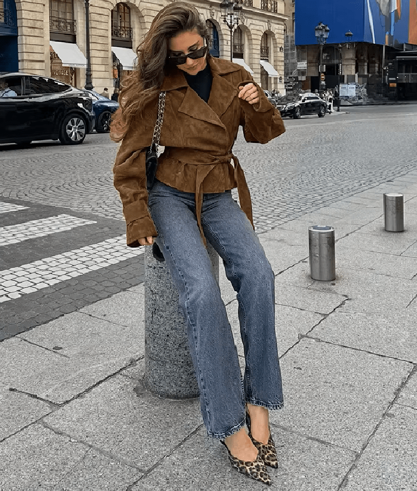 Siena Belted Faux Suede Wrap Jacket in tan brown – styled look