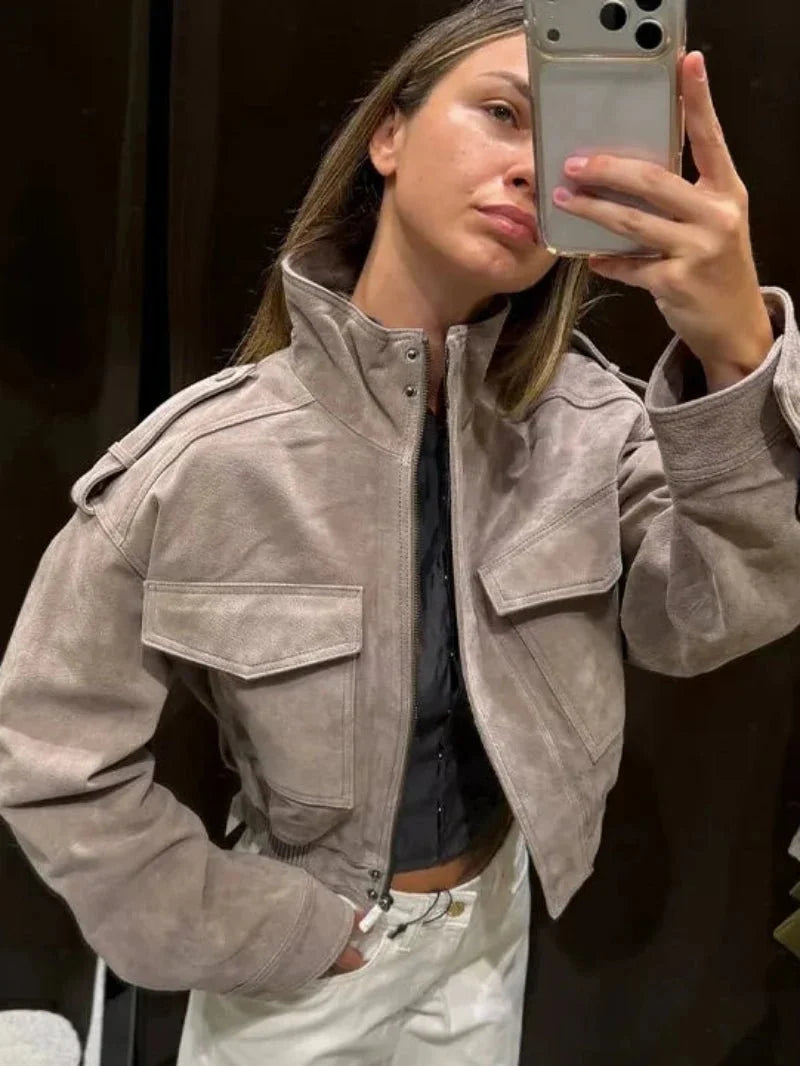 Sigrid Faux Suede Utility Jacket in grey – styled look