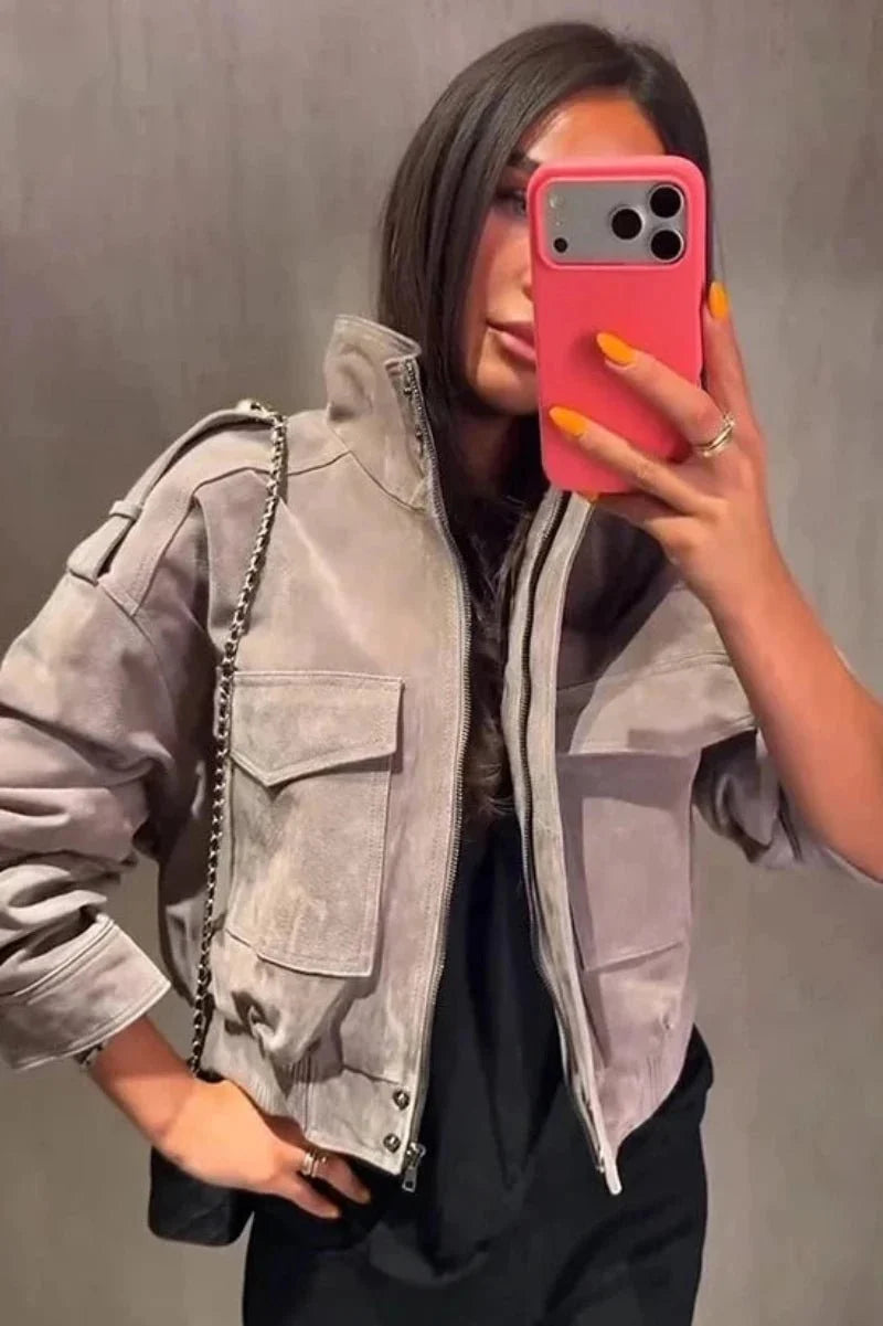 Sigrid Faux Suede Utility Jacket in grey – styled look