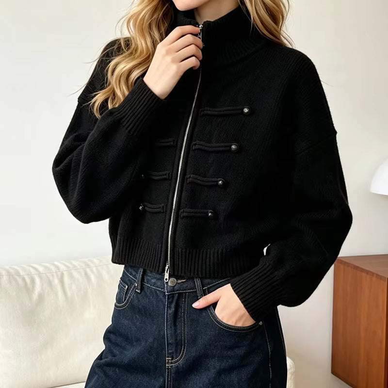 Sofie Turtleneck Zip Knit Cardigan in black – styled look