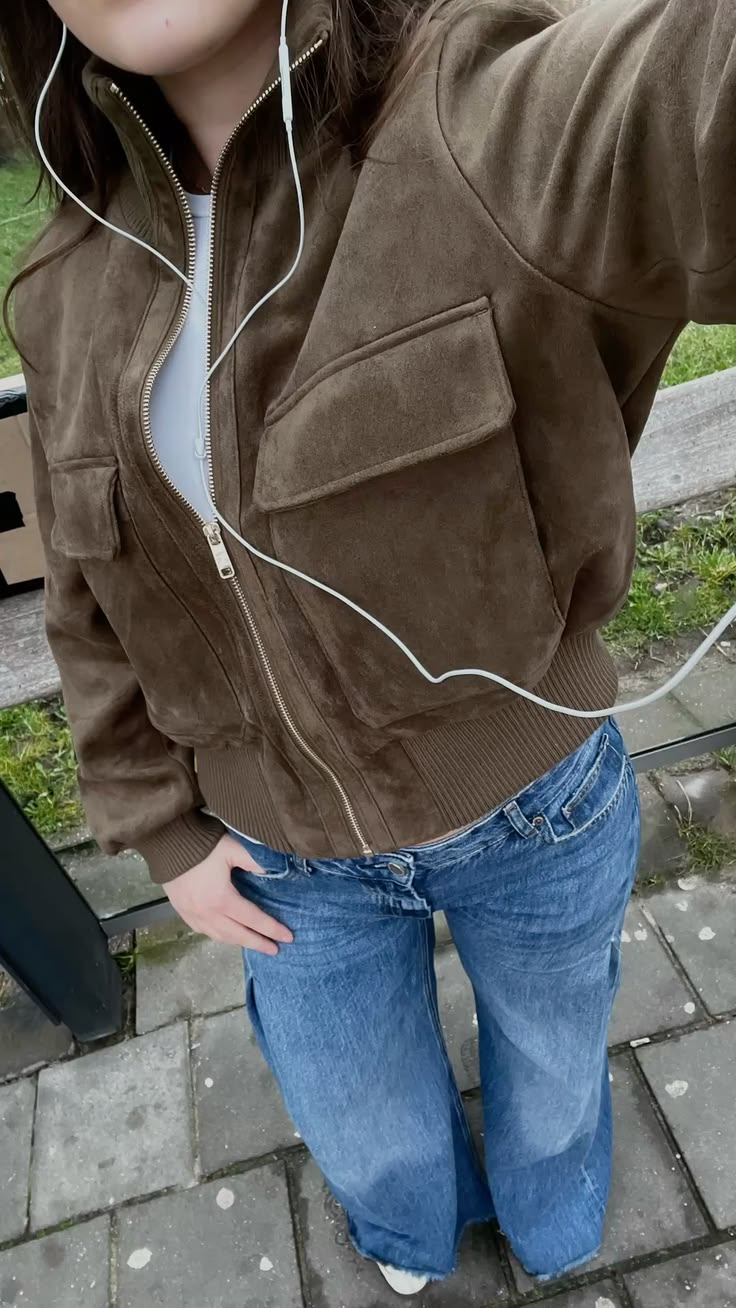 Stella Faux Suede Bomber Jacket in olive brown – styled look