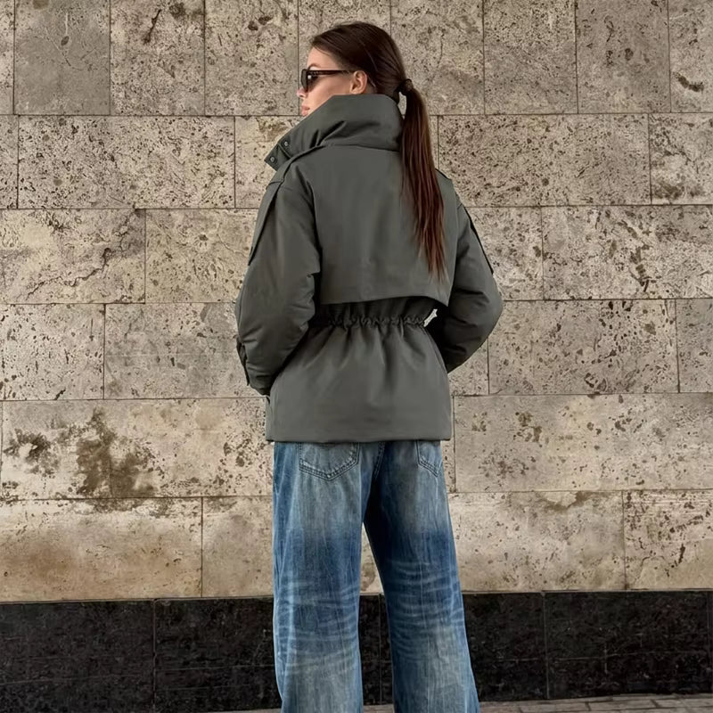 Sunniva Drawstring-Waist Puffer Parka in olive green – styled look