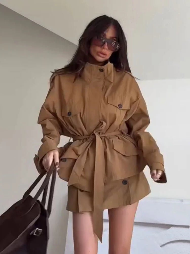 Tilde Belted Jacket & Skort Co-ord in camel – styled look